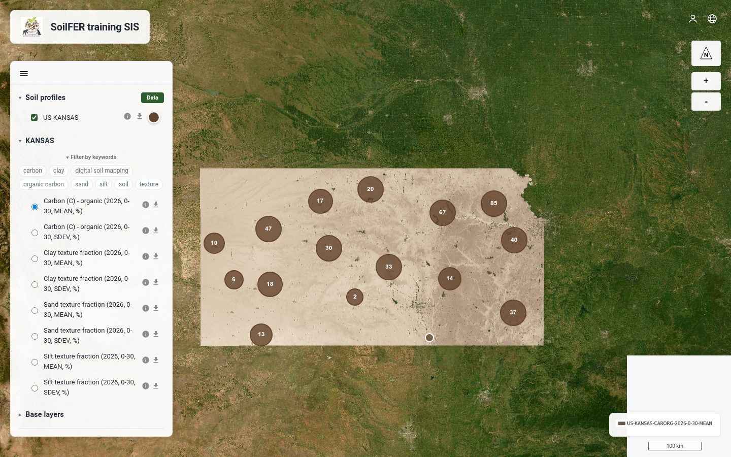 OpenNSIS map view: soil property rasters, clustered soil profiles and a layer panel
